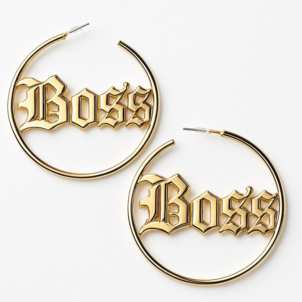 Gold Hoop Earrings with 'Boss' Design
